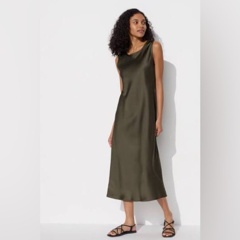 Uniqlo satin sleeveless dress sz L Large dark army green